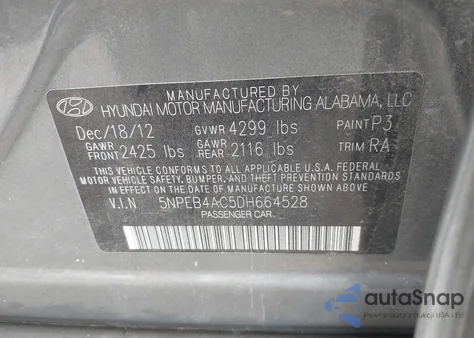 2013 Hyundai Sonata Gls z USA, uszkodzony, nr VIN 5NPEB4AC5DH664528